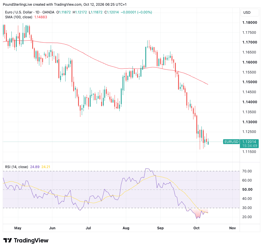 EUR/USD daily chart with 100-day moving average and RSI